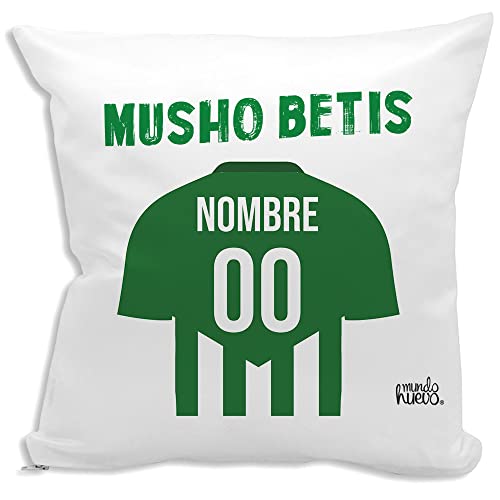 mundohuevo Cojin Decorativo y Personalizado con Texto. Incluye Relleno. Regalo Original. Betis. Regalo Equipo de Futbol. Nombre y Numero Que Quieras. Haz 42,5 x 42,5 cm. Agradable Tacto Algodon.