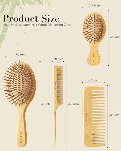 Cepillos de bambú para el cabello seco, set de peines desenredantes y de masaje. 7