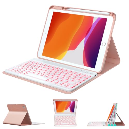 IPad 第9世代/第8世代/第7世代 10.2インチ 2021/2020/2019、Pro 10.5インチ、Air 3 2019用キーボードケース - 7色バックライト付き取り外し可能なワイヤレスキーボード、ペンシルホルダー付き,ピンク