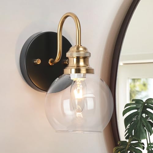 Image of KSANA Black Gold Sconce, Modern Globe Wall Sconces Lighting with Clear Glass Shade, 1-Light Brass Wall Mounted Light Fixture for Bathroom, Kitchen, Bedroom and Stairway
