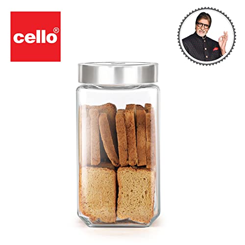 Image of CELLO Qube Fresh Glass Storage Jar | Container with Air tight Silver Metal Lid | Multipurpose Jar | For Storage of Food, Pulses, Spice, Cereals, Cookies, Dry Food | 1000ml, Clear (Pack of 2)