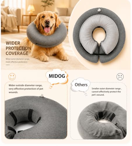 Image of MIDOG Inflatable Dog Cone, Soft Donut Recovery Collar Alternative After Surgery to Help Prevent Licking, Comfy E Collar with Neck Pillow Design, Grey, L