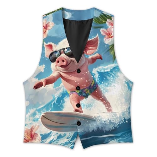 Pigs Surfing Mens Slim Fit Suit Vest Dress Waistcoat Casual Business Vest3