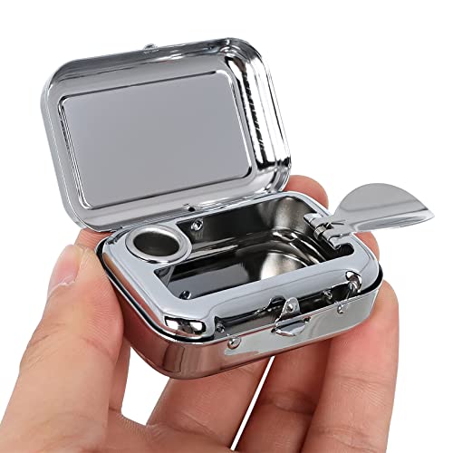Image of Mini Compact Portable Ashtray, Stainless Steel Table-top Ash Tray, Creative Fashion Personality Small Car Ashtrays with Lid for Outdoor Travelling Camping