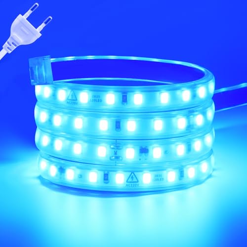 Wisada Anschluss an AC220-240V LED Streifen, 4M 120LEDs/m SMD2835 Flexible Superhell Blau CRI≥90 LED Lichtband, LED Band Lichtschlauch Leiste Kette Selbstklebend mit Stecker für Weihnachten