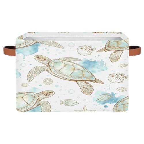 Image of Tropical Ocean Sea Animal Square Storage Basket, Fabric Storage Bin with Leather Handles Collapsible Storage Bin Nursery Hamper for Organizing Toys, Clothes, Books, Gift Baskets