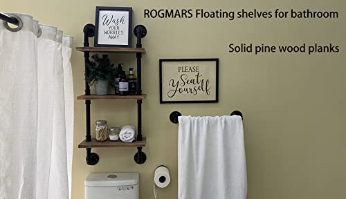 Rogmars Industrial Pipe Shelving Solid Wood Floating Bathroom Shelves Wall Mounted Ladder Bookshelf For Living Room Wall Decor And Storage 15 Inch (3 Tier) #TOP2