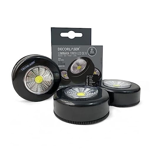 Kit 3 Mini luminárias led emergência p/armários, móveis, prateleiras, botton c/3 pilhas Branco Frio. Cor da base: Preta