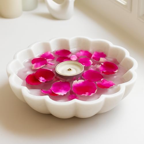 Image of Marble Urli Bowl for Decoration | Big Potpourri Decorative Bowls in Home decor | Large White Floating Flower Plates of Stone | Small Shape puja Item | (6 inch, Daisy Burst)