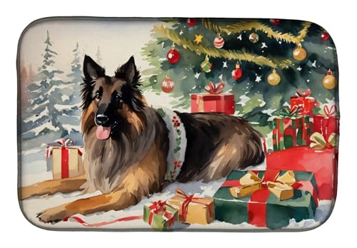 Caroline's Treasures DAC2609DDM Belgian Tervuren Cozy Christmas Dish Drying Mat Absorbent Dish Drying Mat Pad for Kitchen Counter Dish Drainer Mat for Countertop, 14 x 21", Multicolor