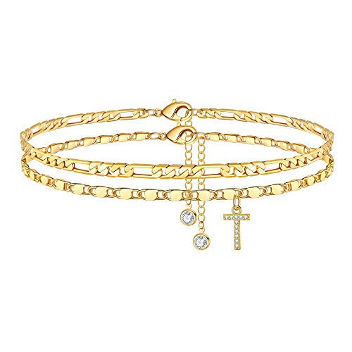 Image of Ursteel Ankle Bracelets for Women, 14K-Gold-Plated Dainty Layered Chain CZ Initial Anklets Set Summer Jewelry Gifts for Women