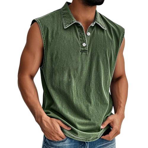 Débardeur homme col boutonné vintage vert noirâtre 3XL pour entraînement