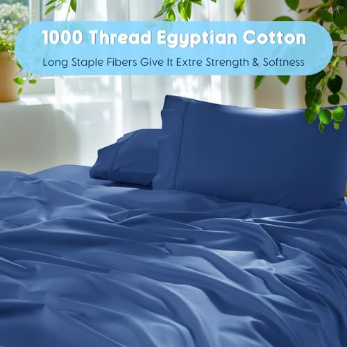 Image of SONORO KATE 1000 Series 100% Egyptian Cotton Queen Sheet Set,4 Pieces | Soft,Breathable Long Staple,Sateen Weave,Luxury 5-Star Hotel Bed Sheets,16 inch Deep Pocket,Navy Blue