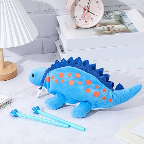 Image of 3 Pcs Blue Dinosaur Pencil Pouch for Kids 3D Plush Animal Pencil Case with 2 Fun Pencils & 1 Soft Stationery Bag Ideal Birthday Gift for Boys and Girls, Back to School Supplies
