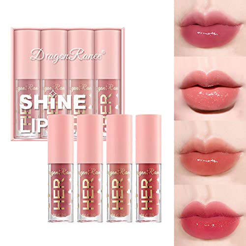 4PCS Shimmer Lip Gloss Set Plumping Liquid Nude Lipstick Set Moisturizing Lip Stain Long Lasting Waterproof Non-Stick Cup Not-Fade Shiny High Gloss Lip Gloss Set for Women Girls Glitter Lip Makeup Kit - Set A