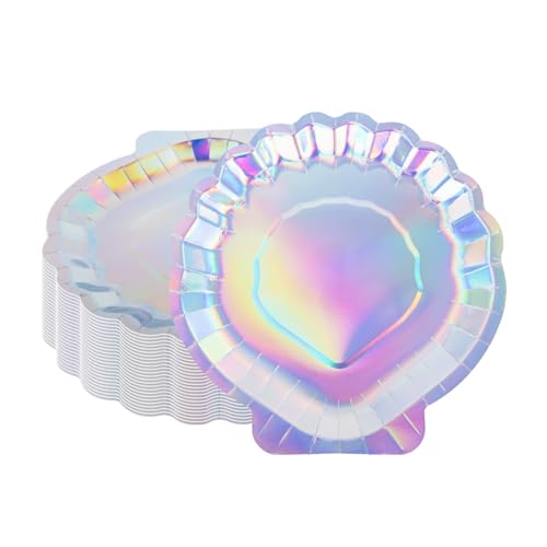 CEILIWEN 25-Pack Silver Seashell Paper Plates (9 inch/23cm) - Iridescent Party Tableware for Under The Sea Theme, Birthday, Baby Shower, Mermaid or Ocean Themed Celebrations (9 inch)