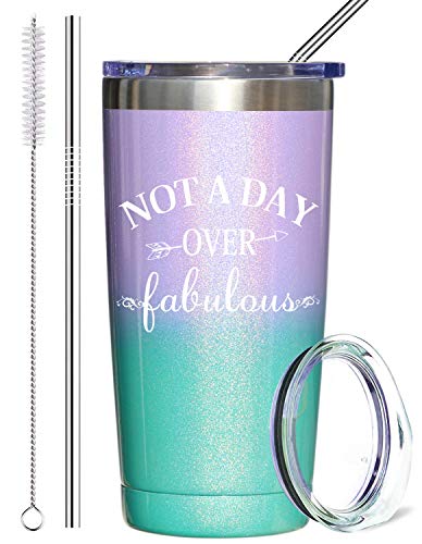 Not a Day Over Fabulous,Stainless Steel Wine Tumbler with Lid and Straws Insulated Travel Tumbler Cup,Perfect Birthday, Wedding, Christmas, Mother's Day Gift for Friend (20 oz, Glitter Mermaid)