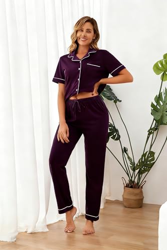 Image of 100% Cotton Pajama Sets for Women 2 Piece Long Sleeve Button Down Pjs Soft Comfy Ladies Sleepwear Lounge Sets S-XL