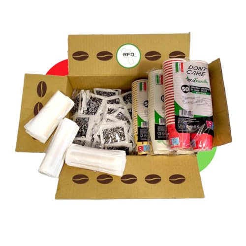 RFD Kit Caffè Eco 150 Pezzi Bicchieri Palettine Zucchero - 150 Bicchieri 75 ml Eco + 150 Palettine in Legno + 150 confezioni di Zucchero Bianco - Made in Italy