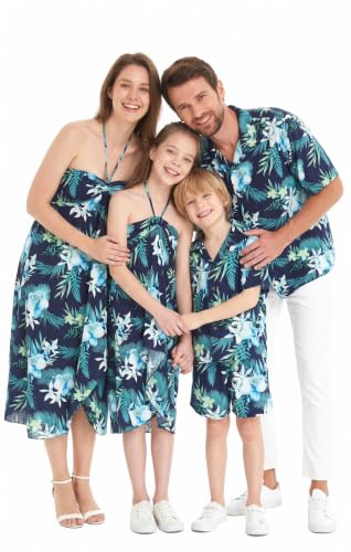 Image of Family Matching Hawaiian Clothes, Orchid Breeze Navy | Lightweight 100% rayon • Family matching outfits • Beach vacations • Luaus • Cruises • Family photos
