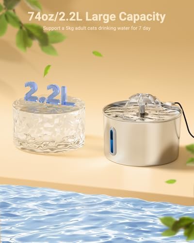 Cat Water Fountain Stainless Steel - 74oz/2.2L Automatic Large Pet Watering Bowl Dispenser for Indoor Dogs - Drinking Fountains with 3 Filter, Gifts for Cats and Kitty - Dog Waterer Bowls No Spill