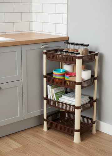 Image of U-Max Multi Tire Kitchen Storage Rack, Plastic Utility Shelf Organiser, Space Saving Storage Solution, Revolving Vegetable Rack (Brown-Regular, 4)
