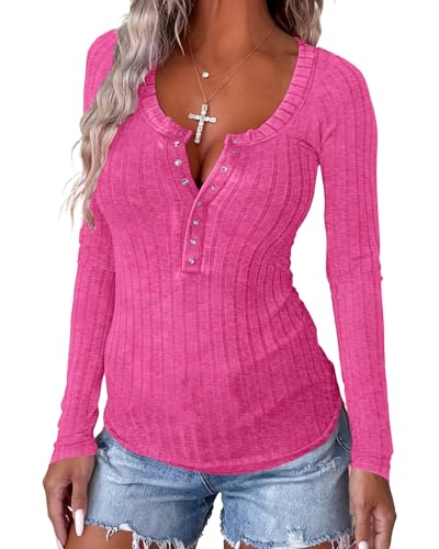 Image of APOFER Women's Long Sleeve Tunics Lightweight Ribbed Knit Blouse Scoop Neck Tops Snap Button Slim Fit Casual Henley Shirt