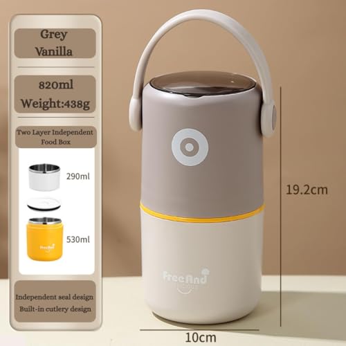 Image of Insulated Lunch Pot 820ml with Handle & Cutlery | 304 Stainless Steel Food Meal Jar | Leak-Resistant Lunch Box for Office School Travel | Soup Rice Meal Container - Vanilla Grey