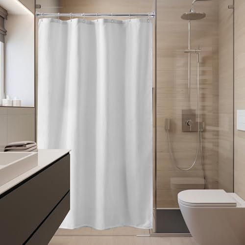 Image of Amazer Small Stall Shower Curtain Liner Washable, 48x72 Inches, Fabric Shower Liner with 2 Bottom Stones, Narrow Waterproof RV Shower Curtain Liner, 8 Grommet Holes, Hotel Quality, White