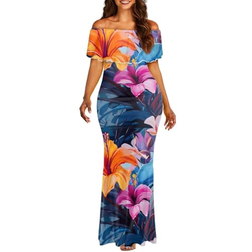 Image of Polynesian Dresses for Women Off Shoulder Maxi Dress Puletasi Samoan Dresses S-7XL