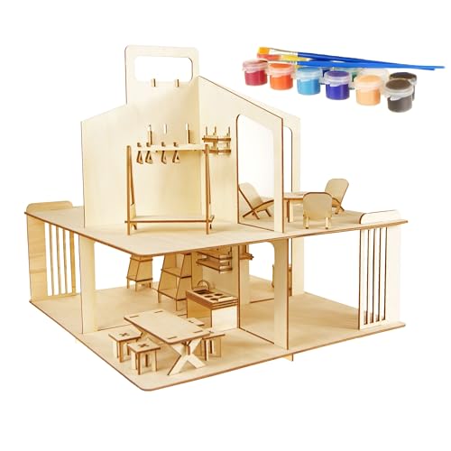 SafeCore - Maison de poupée en Bois avec Meubles pour Enfants, Maison de poupée à Monter soi-même et à Peindre sans Colle, 79 éléments en contreplaqué, 12 Couleurs et 2 pinceaux.