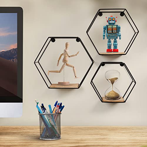 Greenco Geometric Hexagon Shaped Floating Shelves, Honeycomb Shelves, Home Decor, Metal Wire and Rustic Wood Wall Storage Shelves for Bedroom, Living Room, Bathroom, Kitchen and Office – Set of 3 - Thumbnail 2