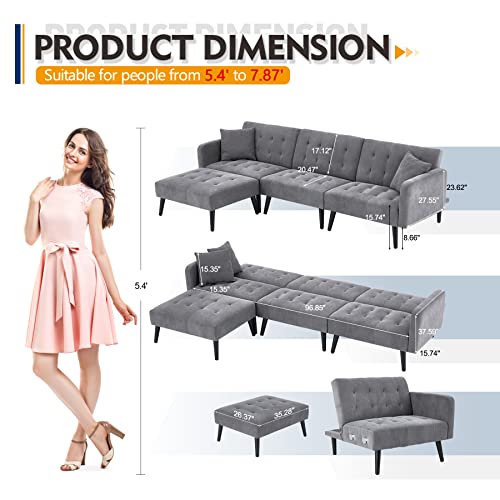 Gyutei 100" Convertible Sectional Sofa Bed, Modern Linen 3-Seat L-Shaped Couch With 3 Angle Adjustable Backrest, Upgrade Soft Cushion & Sturdy Construction For Living Room And Apartment (Dark Gray) #TOP5