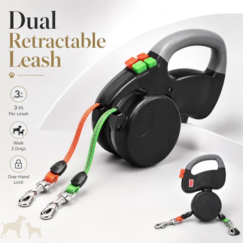 Laisse Double pour 2 Chiens, Laisse Chien Enrouleur 3 m avec Corde Rétractable, Double Laisse Extensible pour Petits Chiens, Gros Chiens et Animaux de Compagnie