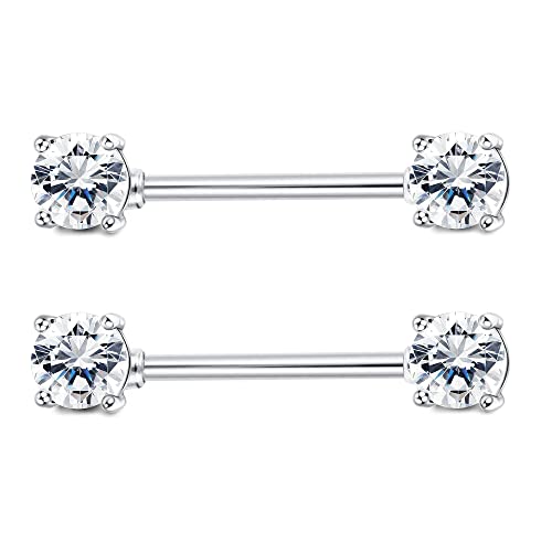 Sllaiss 2PCS Sterling Silver Nipple Rings for Women 16G CZ Straight Tongue Rings Barbells Nipple Piercing Jewelry