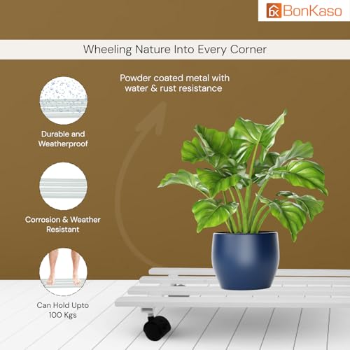 Image of BonKaso Rectangular Metal Plant Stand (Set of 2) with Wheels for Indoor & Outdoor Use (60x 22.9 x7.6 Cm) | Heavy Duty Flower Pot Holder | Holds Up to 100kg | Corner Plant Rack for Heavy Plants - White