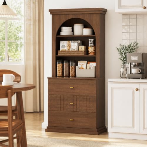 Image of ivaniti 71 inch Arched Kitchen Pantry Cabinet with 3 Drawers, Dark Brown Freestanding Storage Hutch with Open Shelves and Gold Handles for Kitchen, Dining Room