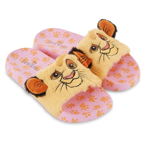 Disney Ladies Lion King Slides Sandals - Ladies Classic Simba Mufasa Timon and Pumba Slide Sandals Classic Lion King Slip On Slides (Pink Gold 7)