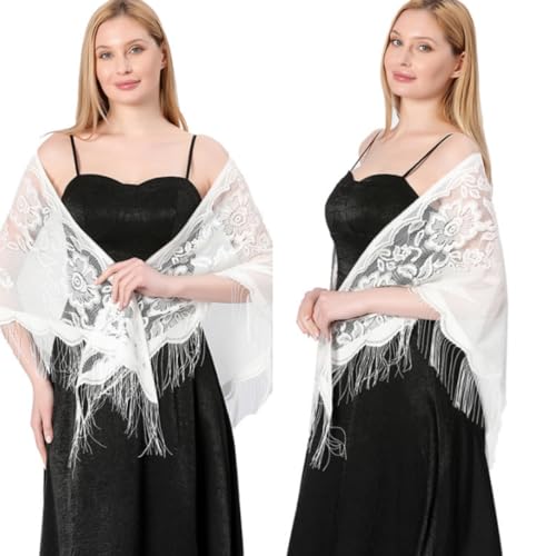 LuckyMoon Womens Triangle Lace Shawls Wraps for Evening Dresses with Tassels Party Prom Scarf Mesh Wedding Shawls2