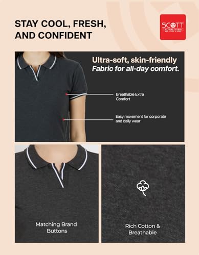 Image of Scott International Women's Cotton Polo T-Shirt | Half Sleeve Plain Collar Tee | Stylish Casual Top | Plain T-Shirt for Girls | Workwear for Office & Casual Wear