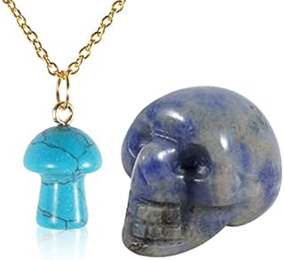 Soulnioi Natural Crystal Mini Mushroom Necklace Pendant Charm with Chain and Skull Ornament Healing Gemstone Carved Statue Reiki Figurine Decoration (Rose Quartz)
