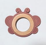 LogiBear Animal Baby Teether Ring for 6+ Months, Non-Toxic BPA Free Food Grade Silicone and Beech Wood, Baby Tested for Easy Grip and Soothing Teething Pain (Butterfly, Pink)