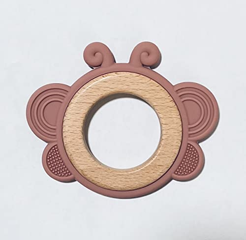 Image of LogiBear Animal Baby Teether Ring for 6+ Months, Non-Toxic BPA Free Food Grade Silicone and Beech Wood, Baby Tested for Easy Grip and Soothing Teething Pain (Butterfly, Pink)