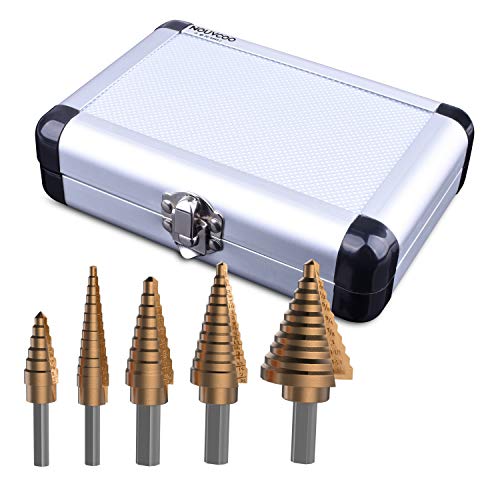 NOUVCOO 5PCS HSS Cobalt Titanium Step Drill Bit Set Tools, High Speed Steel Total 50 Sizes with Aluminum Case NC03