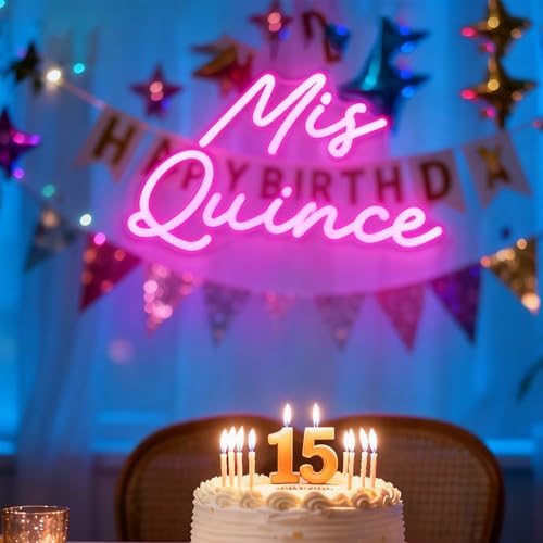 Image of Mis Quince Neon Sign L16xH10.3inches 15th Birthday Party Decor, Customizable Quinceanera Neon Light with USB Power, White LED Wall Art for Living room, Bedroom, Unique Gift for Girls-Pink