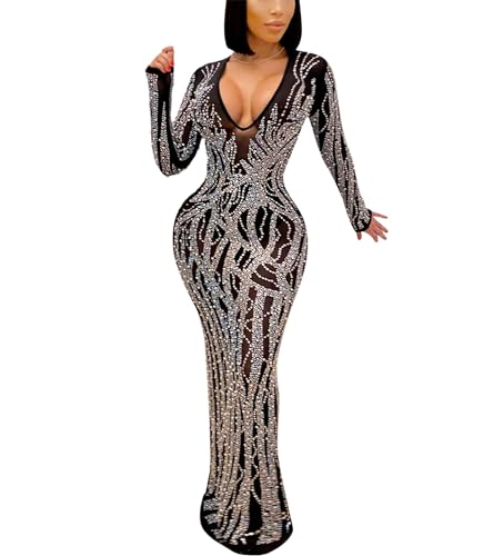 Image of PORRCEY Sexy Elegant Rhinestone Dress for Women Mesh See Through Bodycon Birthday Cocktail Party Club Night Evening Gowns