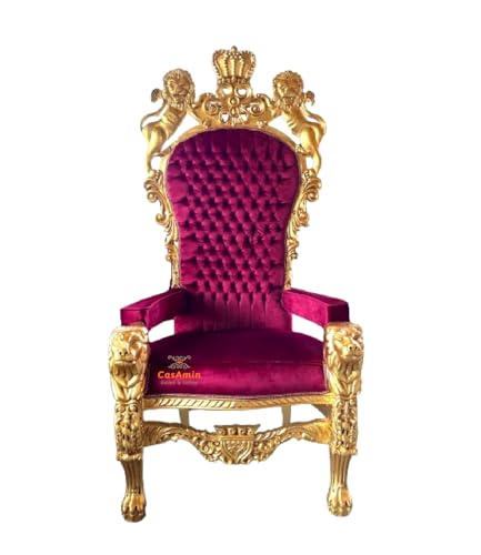 CasAmin Home & Living Poltrona gigante con corona dorata, trono del re leone, velluto rosso, trono in stile retrò barocco con finitura in oro per decorazioni commerciali per feste