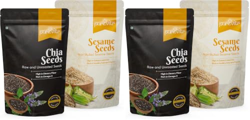 Image of Purevitr Chia Seeds & Non-Hulled Sesame Seeds Combo | 400g (200g Each) | Omega-3, Fiber & Calcium-Rich Superfood (Pack of 2)