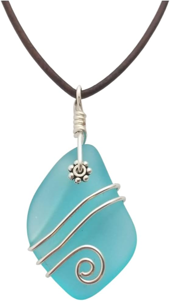 Yinahawaii Hawaii Handmade Necklace, Hawaiian Jewelry, Leather Cord Necklace, Unisex Ocean Jewelry, Wire Wrapped Unique Jewelry, Sea Glass Jewelry Birthday Gift