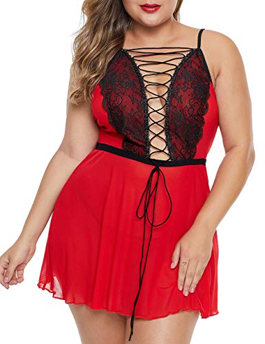 XAKALAKA Women Plus Size Lace Up Babydoll Lingerie Lace Mesh Strappy Chemise Sleepwear Red XXXXXL